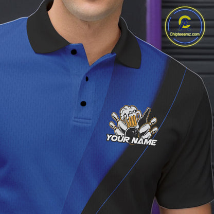 Custom Blue Funny Bowling Men Polo Shirts, Bowling And Beer Party Bowlers Outfit IPHW10818
