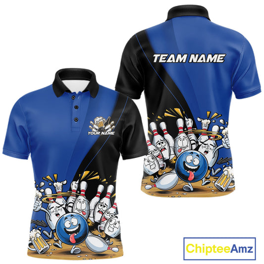Custom Blue Funny Bowling Men Polo Shirts, Bowling And Beer Party Bowlers Outfit IPHW10818