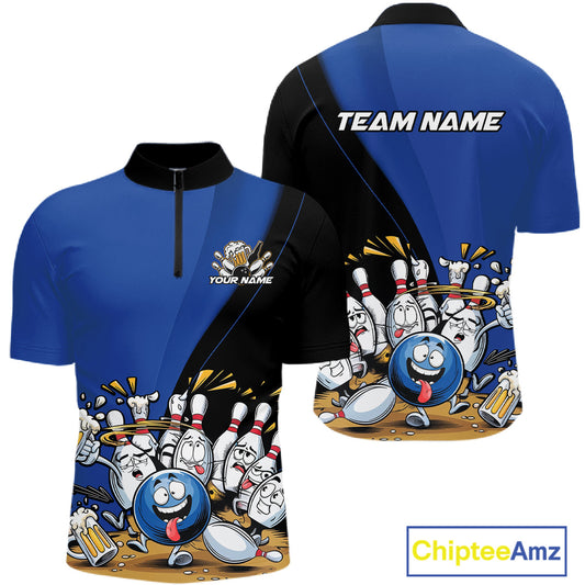 Custom Blue Funny Bowling Men Quarter-Zip Shirts, Bowling And Beer Party Bowlers Outfit IPHW10818