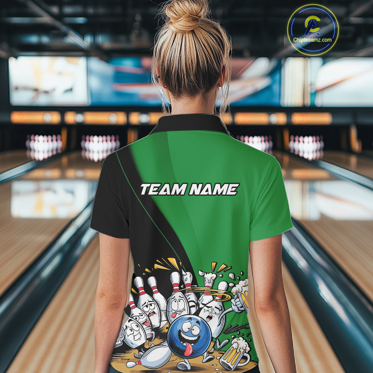 Custom Green Funny Bowling Women Polo Shirts, Bowling And Beer Party Bowlers Outfit IPHW10819