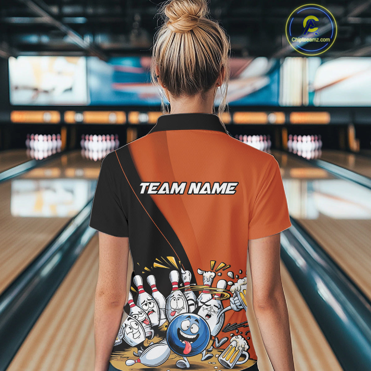 Custom Orange Funny Bowling Women Polo Shirts, Bowling And Beer Party Bowlers Outfit IPHW10820