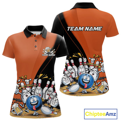 Custom Orange Funny Bowling Women Polo Shirts, Bowling And Beer Party Bowlers Outfit IPHW10820