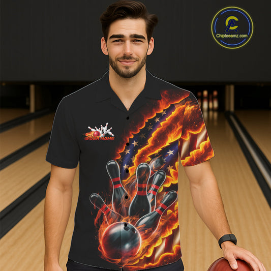 Custom Patriotic Flame Men And Women Bowling Team Shirt, US Flag Bowling League Team Shirt IPHW10193