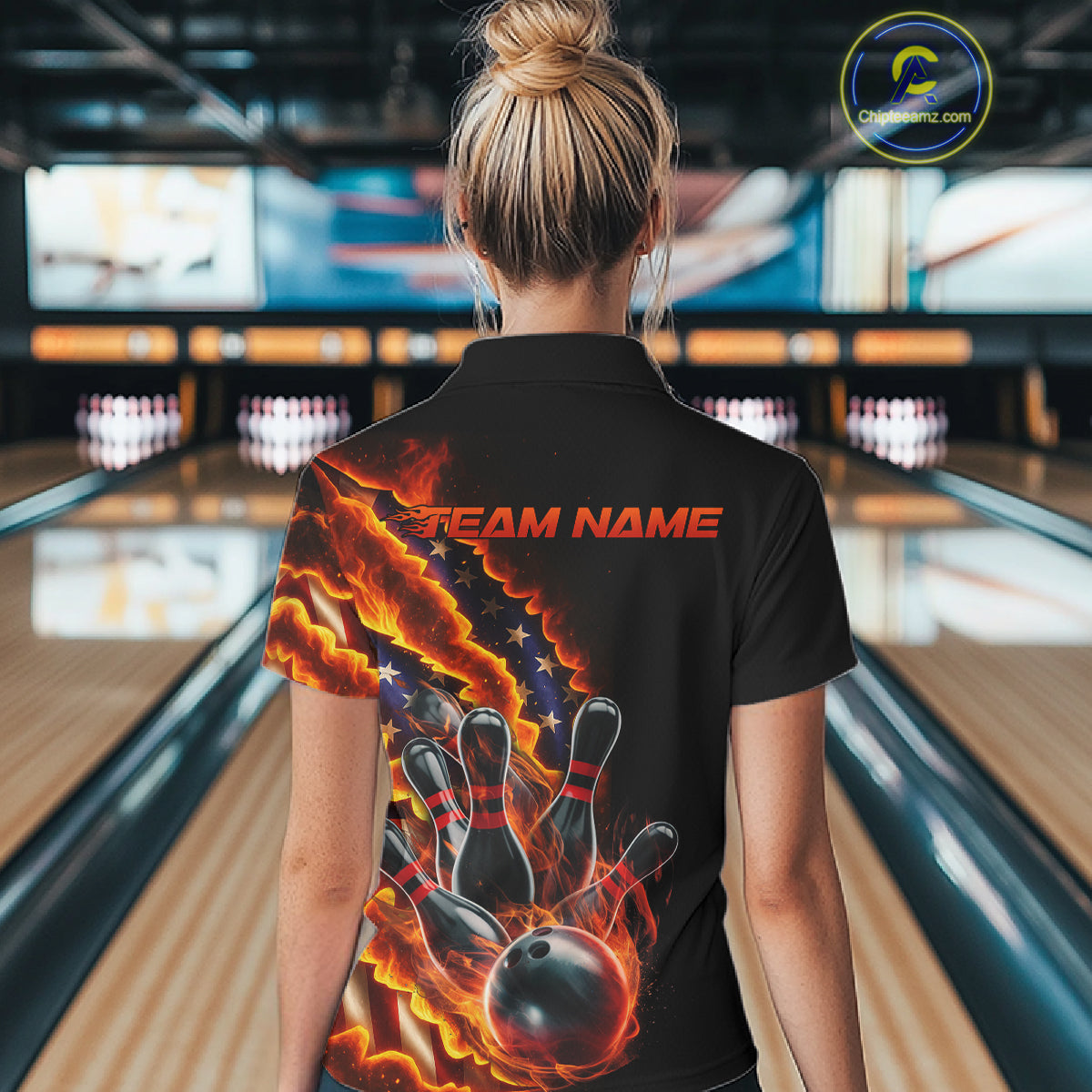 Custom Patriotic Flame Women Bowling Team Shirt, US Flag Bowling League Team Shirt IPHW10193