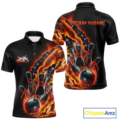 Custom Patriotic Flame Men Bowling Team Shirt, US Flag Bowling League Team Shirt IPHW10193