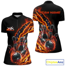 Load image into Gallery viewer, Custom Patriotic Flame Women Bowling Team Shirt, US Flag Bowling League Team Shirt IPHW10193