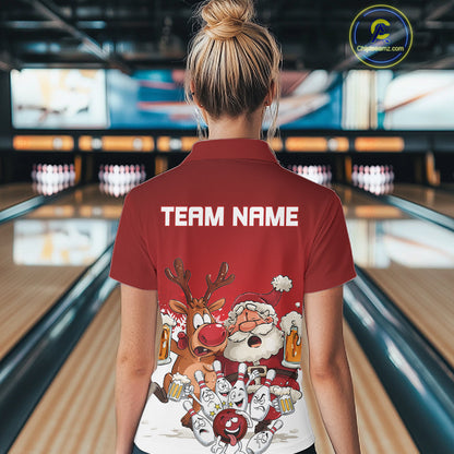 Custom Red Funny Christmas Women Bowling Shirts, Bowling And Beer Xmas Party Shirt IPHW10204