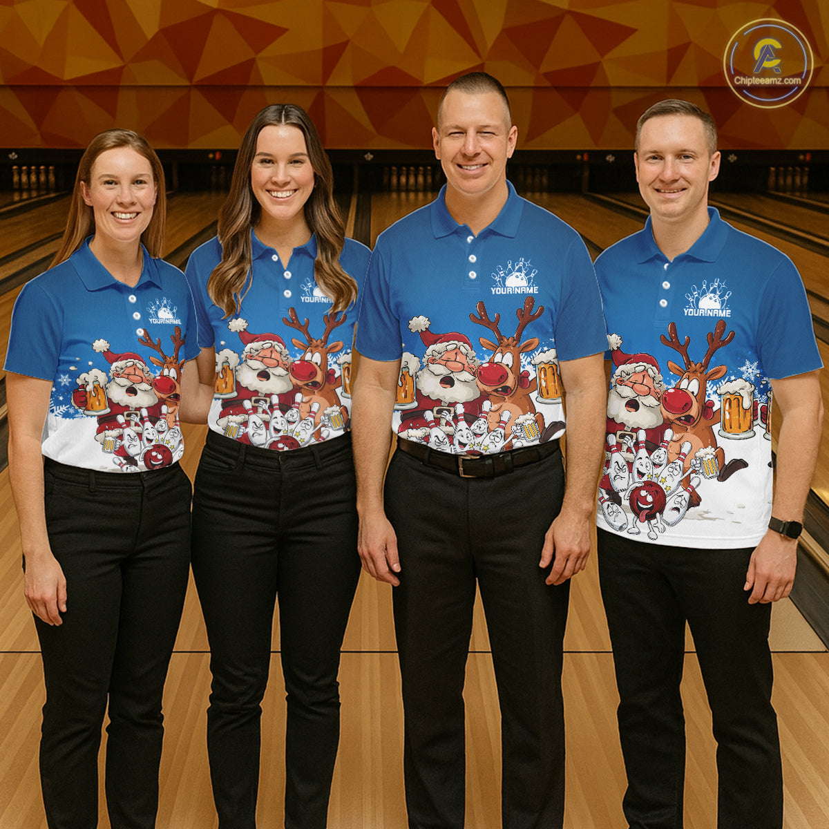 Custom Blue Funny Christmas Men Bowling Shirts, Bowling And Beer Xmas Party Shirt IPHW10205