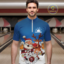 Load image into Gallery viewer, Custom Blue Funny Christmas Men Bowling Shirts, Bowling And Beer Xmas Party Shirt IPHW10205