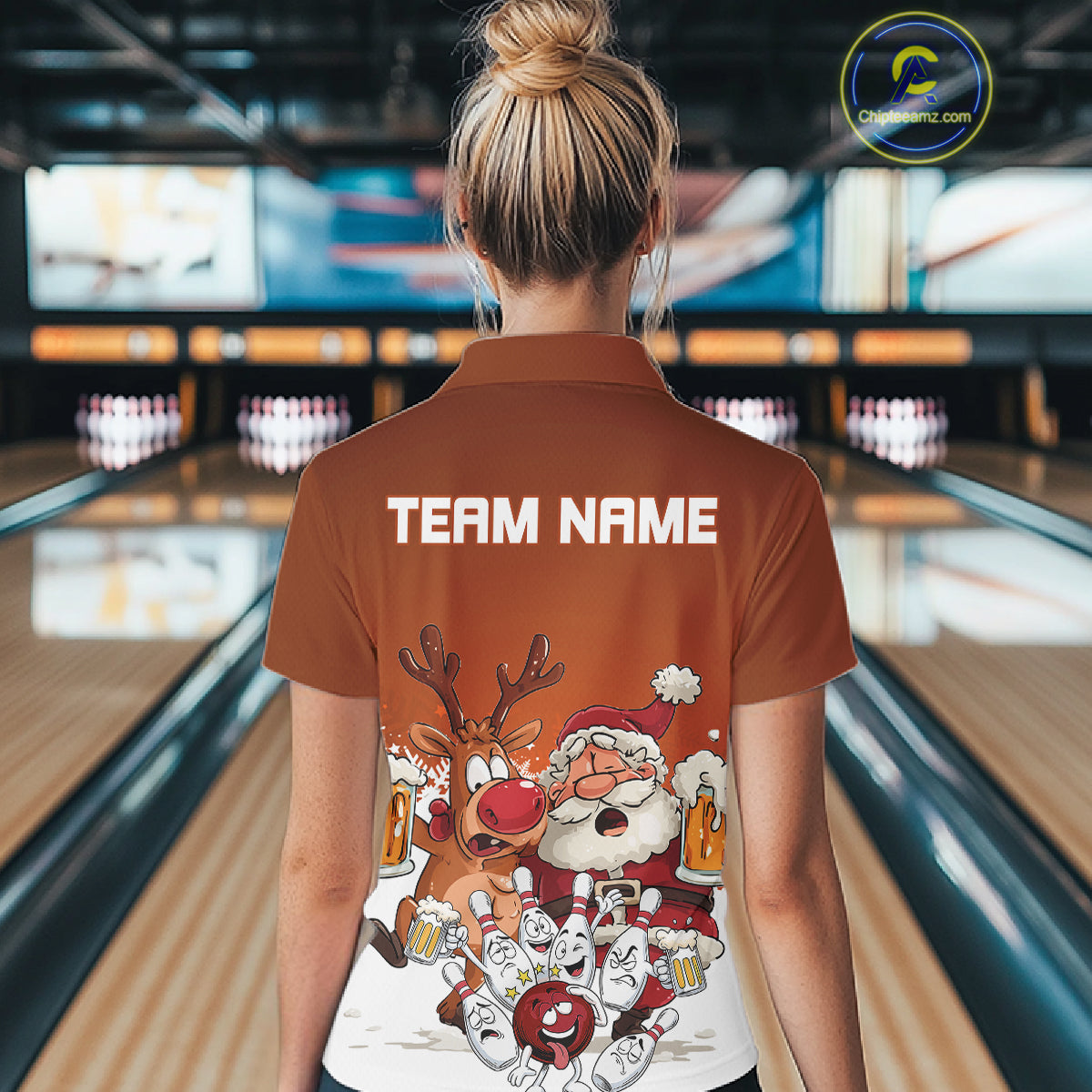 Custom Orange Funny Christmas Women Bowling Shirts, Bowling And Beer Xmas Party Shirt IPHW10206