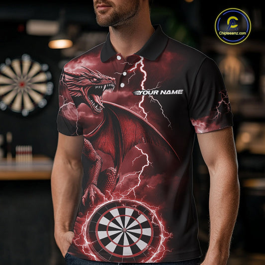 Custom Red Lightning Dragon Darts Men Polo Shirts, Dragon Darts Team Jersey IPHW10386