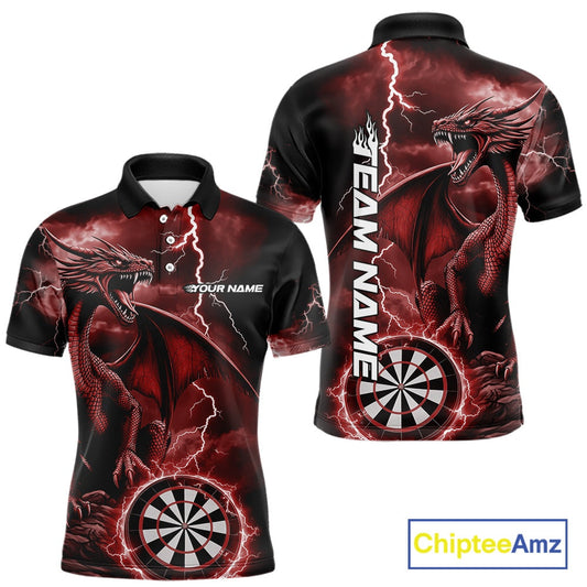 Custom Red Lightning Dragon Darts Men Polo Shirts, Dragon Darts Team Jersey IPHW10386