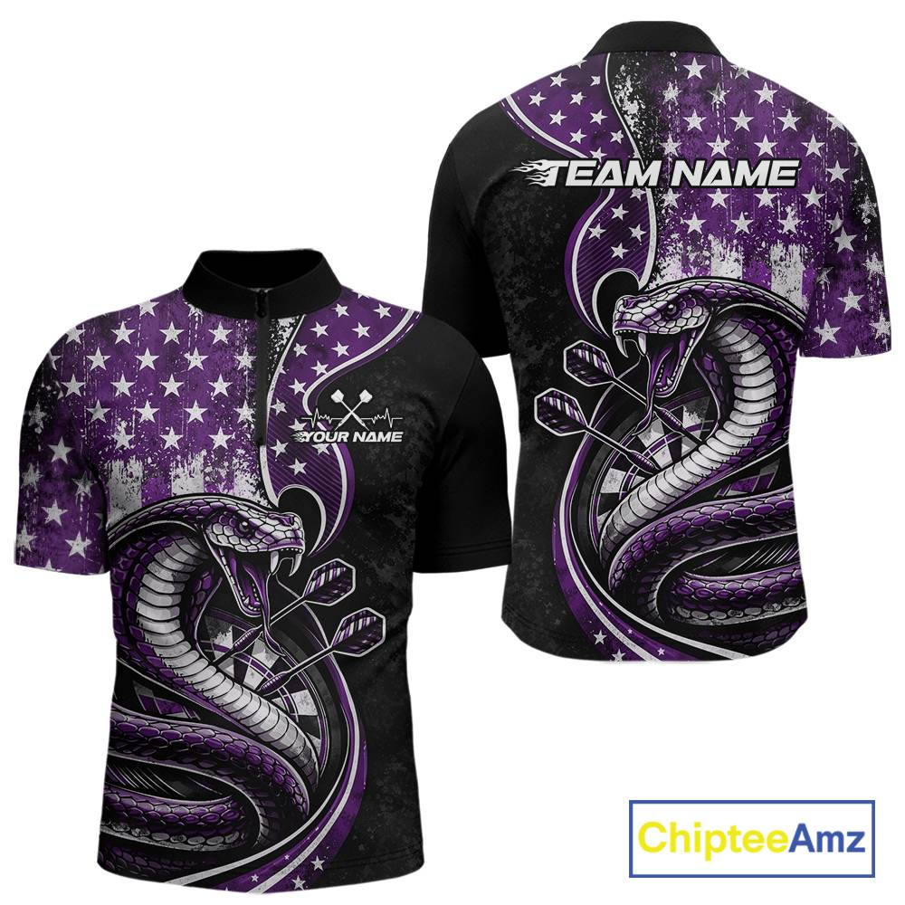 Customizable purple and black stars and stripes patriotic cobra snake men's dart quarter-zip jersey shirt featuring a personalized "TEAM NAME" text template on the back.