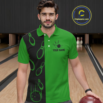 Green and Black retro vintage Bowling polo, quarter zip shirts for men custom Bowling team jerseys NQS11564