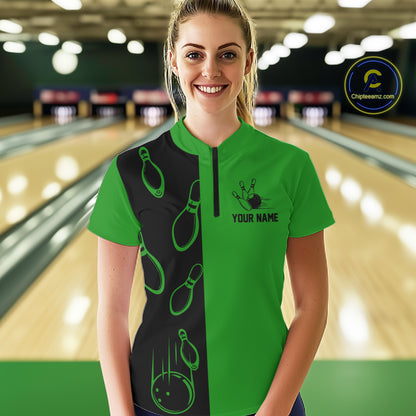 Green and Black retro vintage Bowling polo, quarter zip shirts for Women custom Bowling team jerseys NQS11564