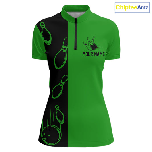 Green and Black retro vintage Bowling polo, quarter zip shirts for Women custom Bowling team jerseys NQS11564