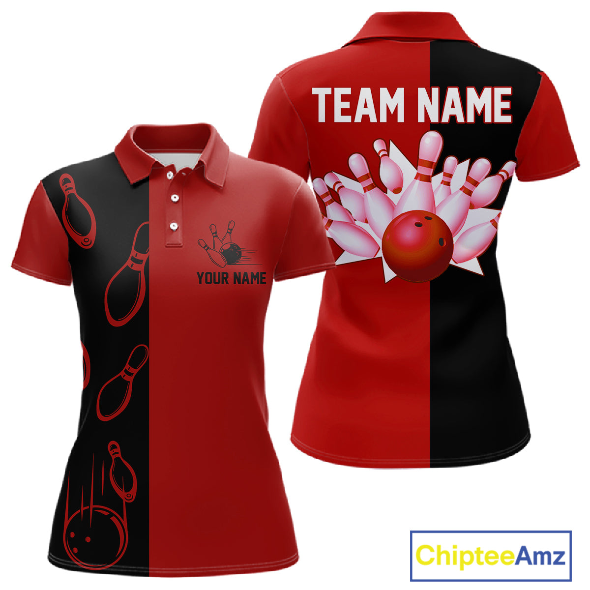 Red and Black retro vintage Bowling polo, quarter zip shirts for Women custom Bowling team jerseys NQS11565