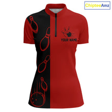 Load image into Gallery viewer, Red and Black retro vintage Bowling polo, quarter zip shirts for Women custom Bowling team jerseys NQS11565