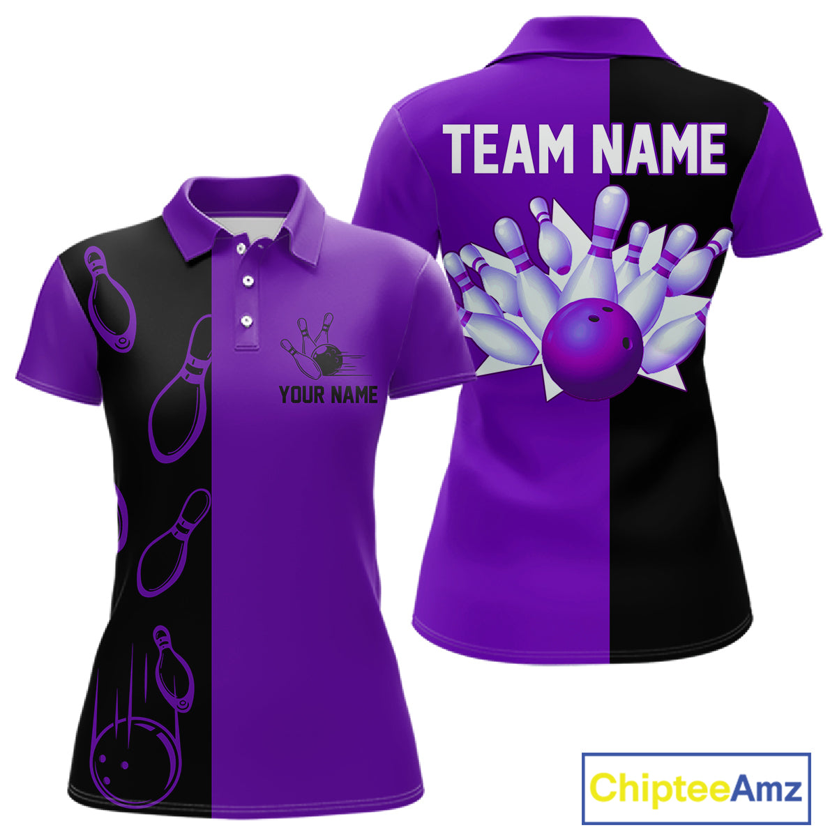 Purple and Black retro vintage Bowling polo, quarter zip shirts for Women custom Bowling team jerseys NQS11566