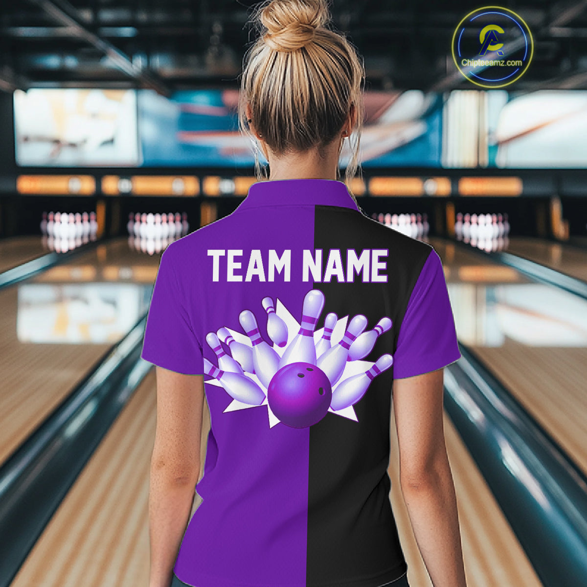 Purple and Black retro vintage Bowling polo, quarter zip shirts for Women custom Bowling team jerseys NQS11566