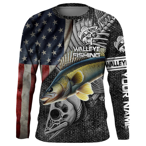 Walleye Fishing American Flag patriotic Custom Name UV protection long sleeve fishing shirts NQS1389