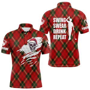 Mens golf polo shirt swing swear drink repeat custom red plaid Christmas pattern golf shirt NQS4281