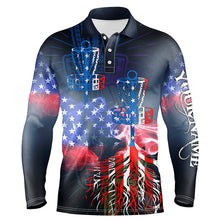 Load image into Gallery viewer, Mens disc golf polo shirt custom name American flag disc golf basket, personalized disc golf shirts NQS5677