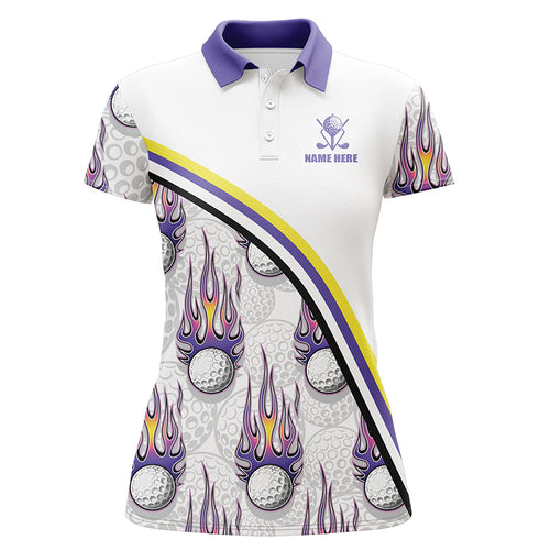 Golf balls purple flame pattern Womens golf polo shirts custom golf apparel for ladies | White NQS6106