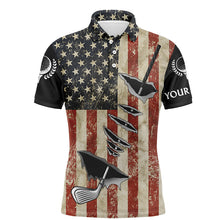 Load image into Gallery viewer, Vintage American flag golf clubs Mens golf polo shirts custom name patriotic golf gifts for mens NQS5687