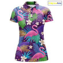 Load image into Gallery viewer, Colorful floral flamingo pattern tropical leaves matching golf polos for couples Custom Valentine gift NQS3897