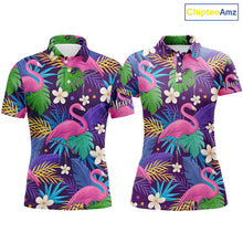 Load image into Gallery viewer, Colorful floral flamingo pattern tropical leaves matching golf polos for couples Custom Valentine gift NQS3897