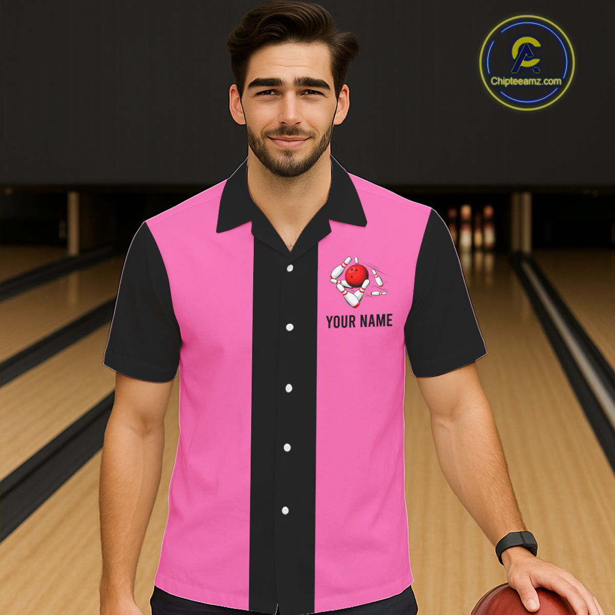 Personalized Pink Black Retro Bowling hawaiian shirts Custom vintage Team button up shirts NQS6568