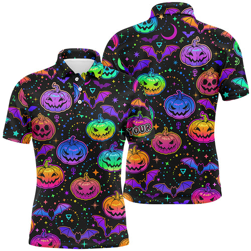 Funny Mens golf polo shirts colorful neon black Halloween background custom golf clothes for men NQS6153