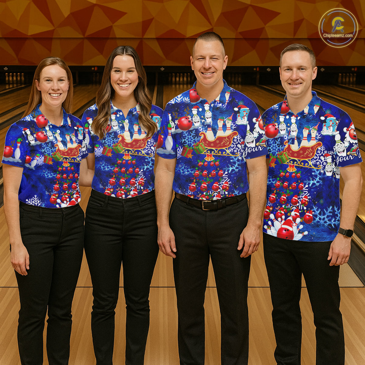 Mens Bowling Polo Shirts Custom blue Christmas pattern Bowling Santa ball pins team Mens Jersey NQS6617