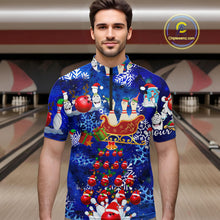 Load image into Gallery viewer, Mens Bowling Quarter-Zip Shirts Custom blue Christmas pattern Bowling Santa ball pins team Mens Jersey NQS6617