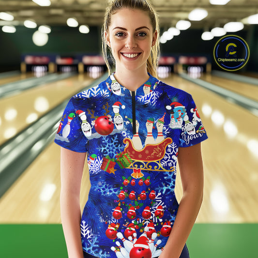 Womens Bowling Quarter-Zip Shirts Custom Christmas Bowling Santa pins blue pattern team Ladies Jersey NQS6617