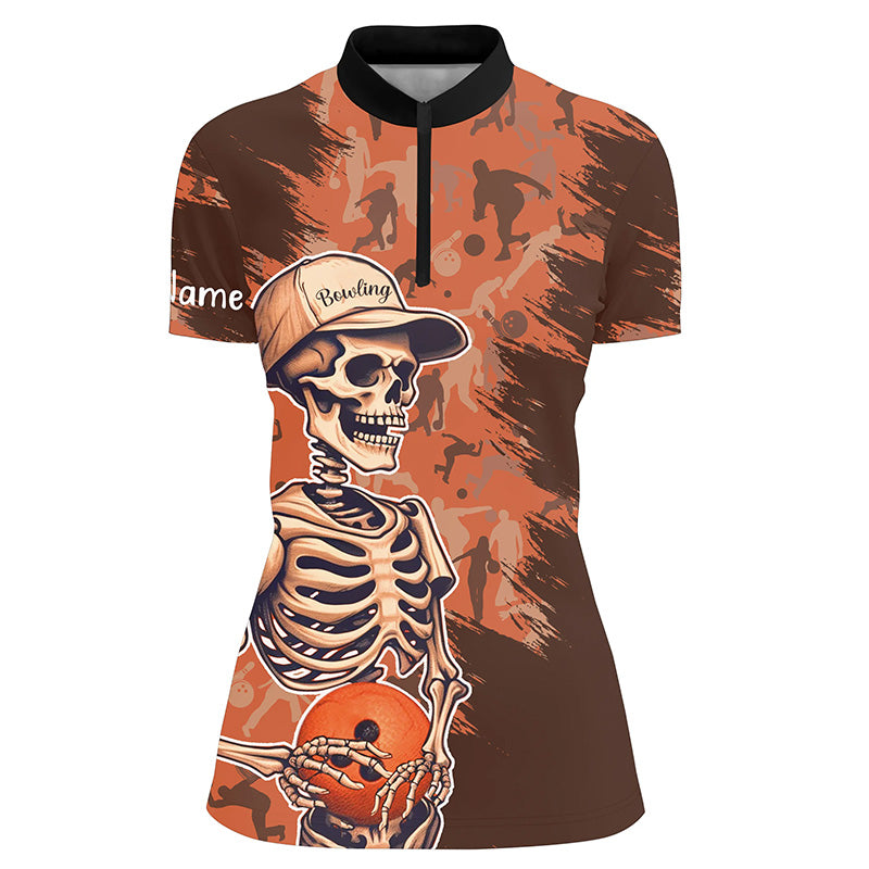 Custom orange camo bowling shirt for women – personalized team jersey front view