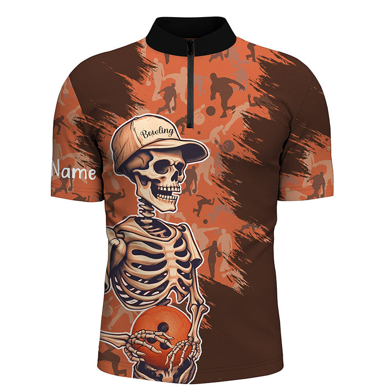 Men's Skull orange camo Bowling Shirt Quarter-Zip Custom Name Men Bowlers Jersey NQS5796