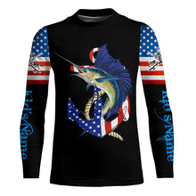 Load image into Gallery viewer, Sailfish fishing legend American flag 4th July Customize Name UV protection long sleeve fishing shirts NQS5524