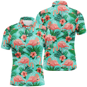 Personalized green tropical pink flamingo pattern custom mens golf polo shirts, mens golf wears NQS5995