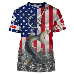 American Flag Catfish Fish hook Custom long sleeve performance Fishing Shirts, Catfish Fishing jerseys NQS5535