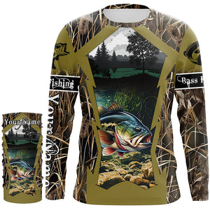 Largemouth Bass Fishing Camo Customize Name UV protection Long sleeve Fishing Shirts Personalized Gift NQS502