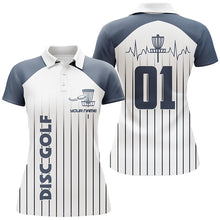 Load image into Gallery viewer, Blue white Womens disc golf polo shirt custom name, number disc golf heartbeat jersey, disco golf outfit NQS6206