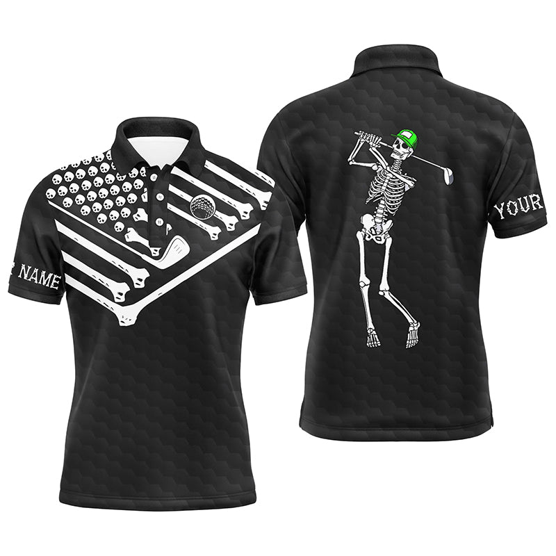 Mens golf polo shirt Skeleton American flag custom black white Halloween shirt NQS3969