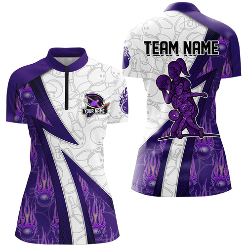 Custom Bowling Quarter Zip Shirt For Women purple flame camo Bowling Jersey 1/4 Zip Bowling Team Shirt NQS6462