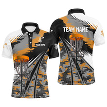 Load image into Gallery viewer, Mens disc golf polo shirt custom orange camo disc golf basket disc golf outfit, team disc golf apparel NQS7347