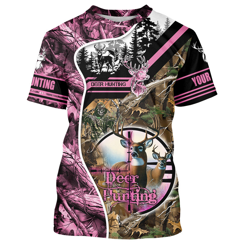 Deer Hunting Pink Camo Custom Name 3D All over print shirts, personalized hunting apparel NQS2896