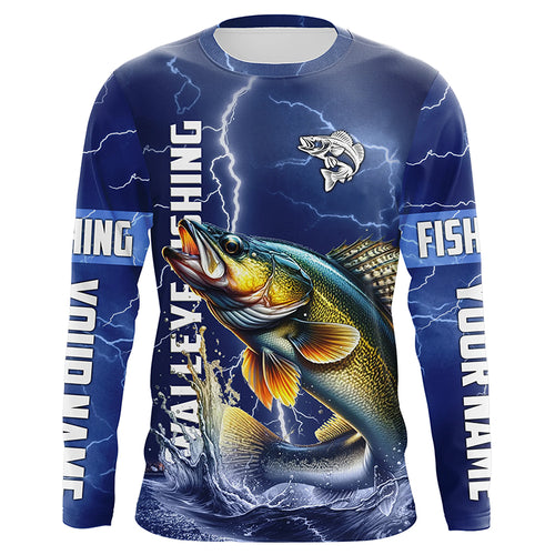 Walleye Fishing blue lightning jerseys custom name performance Long Sleeve tournament fishing shirts NQS5352