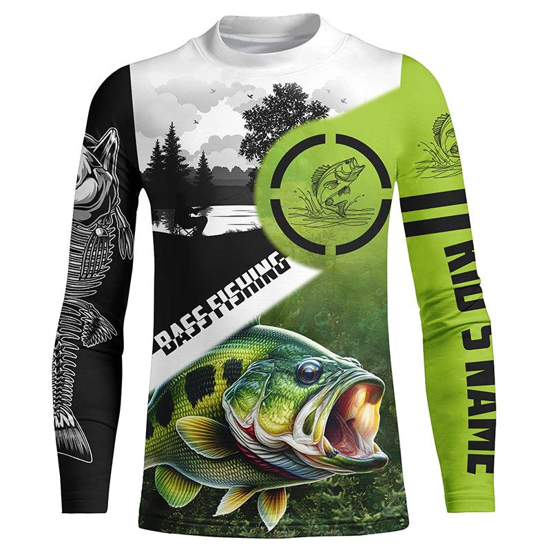 Largemouth Bass fishing green black Customize Name bass fish skull UV protection fishing shirts NQS1270