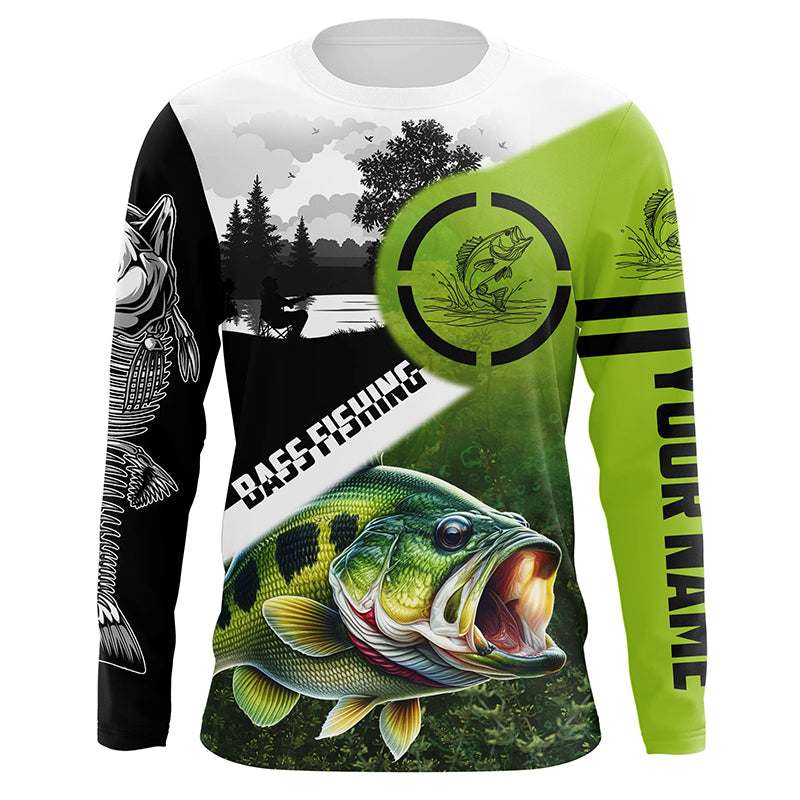 Largemouth Bass fishing green black Customize Name bass fish skull UV protection fishing shirts NQS1270